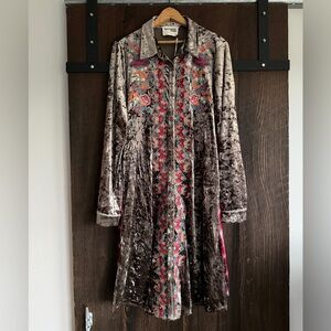 Velvet Embroidered Floral Long Shirt Dress - Taupe Multicolor Embroidery